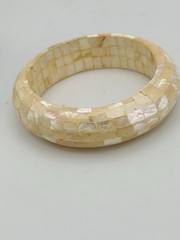 Vintage Mother of Pearl Mosaic Bangle Bracelet Cream Ivory Shell Wide Statement