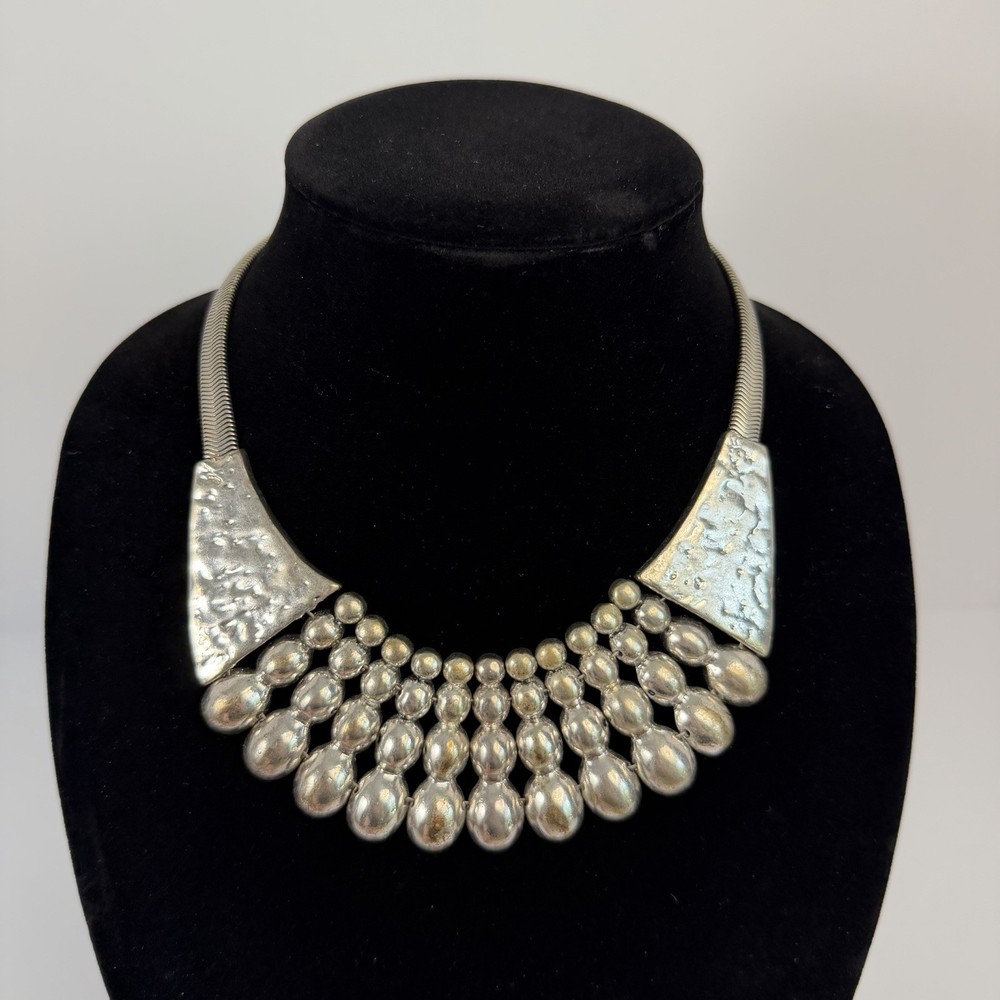 Vintage Silver Tone Brutalist Bib Statement Necklace Hammered Herringbone