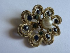Gold Tone Blue & Green Crystal Rhinestone White Faux Pearl Pin