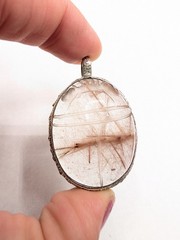 Sterling Silver Rutilated Quartz Carved Scarab Beetle Egyptian Revival Pendant