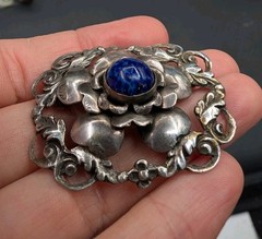 Vtg 800 Silver Made in Israel Blue Art Glass Flower Brooch Pin Trombone Clasp