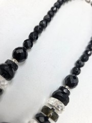 Vintage Czech Black Faceted Glass Bead Necklace Clear Crystal Accents 17″