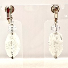 Vtg Mod SilverTone Art Deco Glass Earrings Clip On Dangle Drop White Groovy S