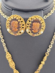 West Germany Rootbeer Cameo Set Filigree Faux Pearl Rhinestone Necklace