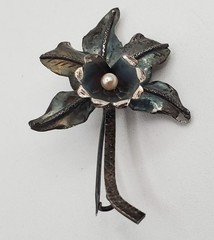 VTG Sterling Silver Orchid Flower Brooch 2in Faux Pearl Center Patina Estate