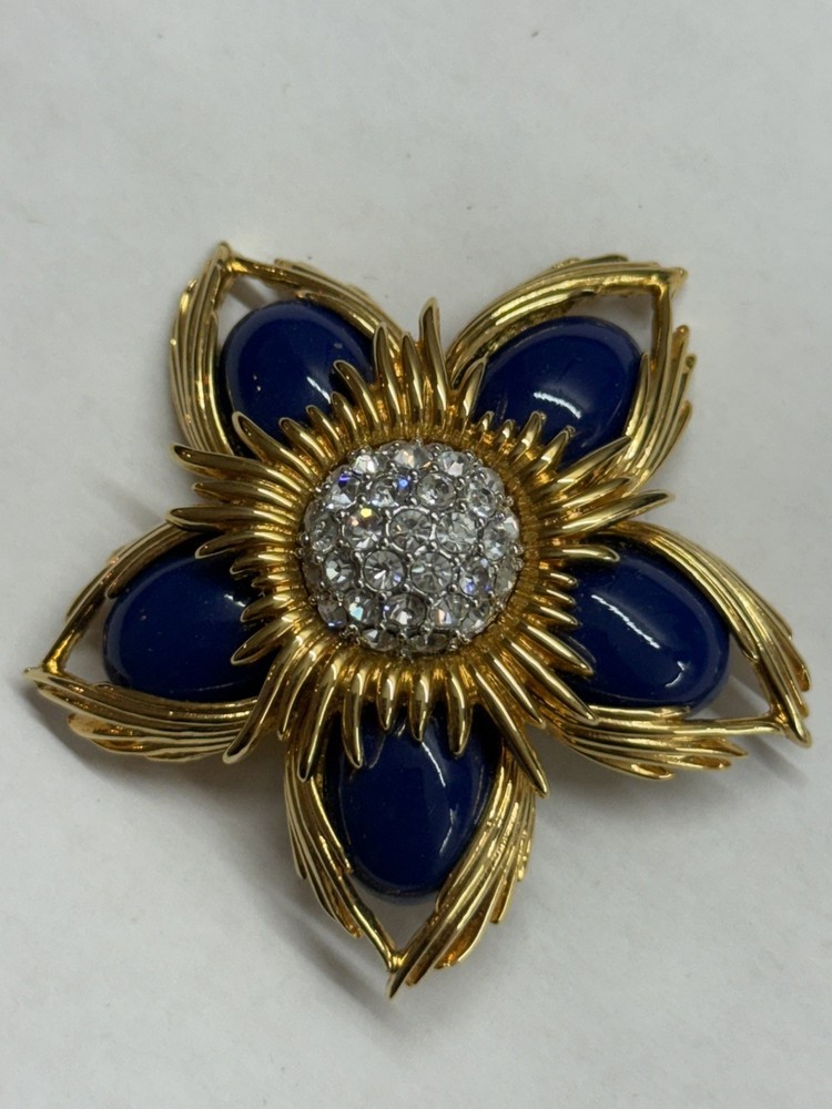 Vintage Joan Rivers Gold Toned Chunky Star Flower Crystal Faux Lapis Brooch Pin