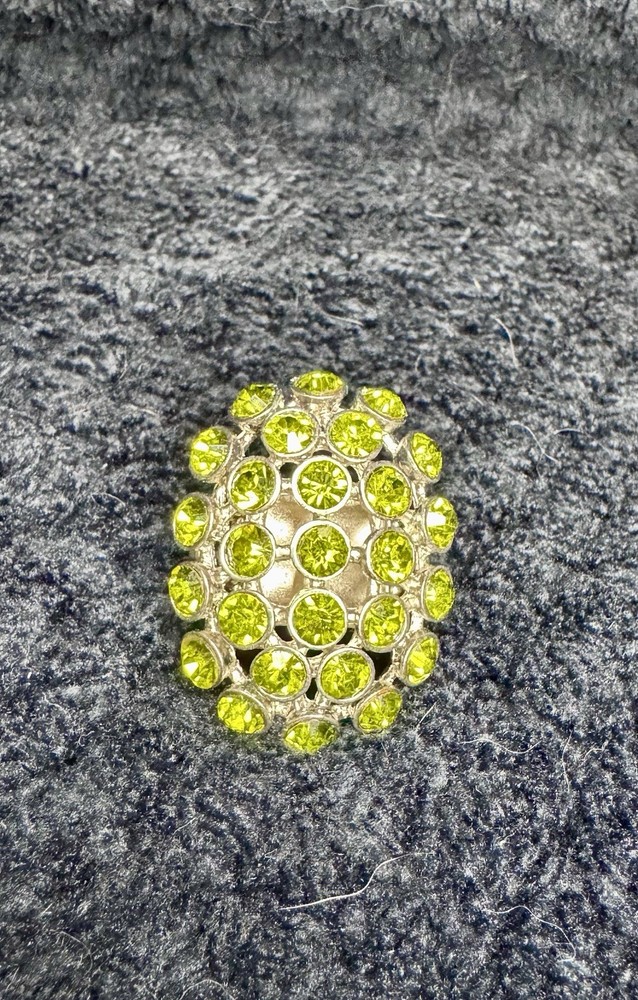 Vintage Silver-Tone Stretch Ring with Lime Green Rhinestones Cocktail Ring