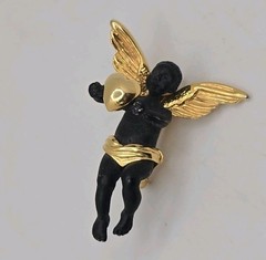 Vintage Coreen Simpson Black Cherub Brooch Gold Tone Cupid Heart Pin Signed