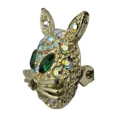 Vtg Rhinestone Cat Brooch Pin 60s Aurora Borealis Gold Tone Kitty Green Eyes