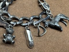 Vintage Sterling Silver Dogs, Horse, Good Luck, Crystal Toggle Charm Bracelet