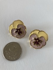 Vintage Pansy Flower Pierced Earrings With Yellow, Lavender & Mauve Enamel