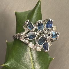 Vintage Spray Ring Estate Fine Jewelry Sz 7 18K White Gold Plated Blue Marquise