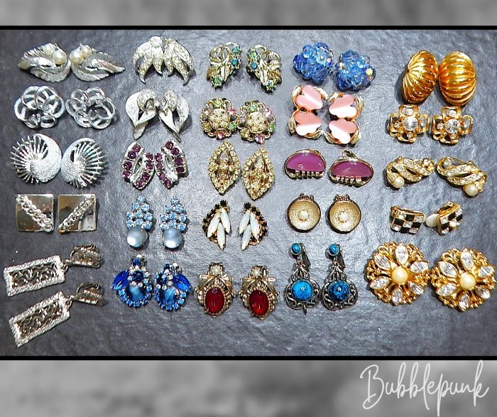 MCM Vintage Clip Earrings Jewelry Lot ~ Mid Century Rhinestone Glamour ~ 25 Pair