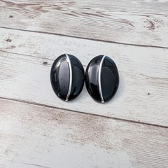 Vintage Stud Earrings For Pierced Ears Black & Silver Tone Statement Oval Retro