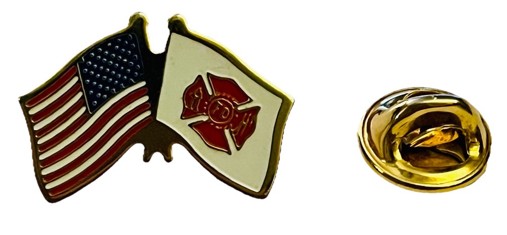 Vintage Lapel Hat Backpack Pin Crossed Flags USA & Fire Department Firemen