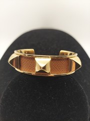 Hermès Gold Plated Médor Cuff/Bangle Bracelet- Brown Leather-Circa 1997