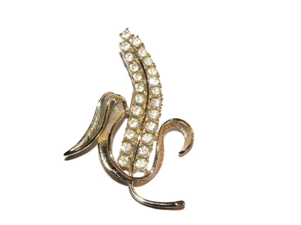 Vintage Sarah Coventry Rhinestone Wheat Leaf Brooch – Gold Tone Pin