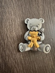 Vintage JJ Teddy Bear Brooch Silver Gold Tone Bear Holding Teddy Pin 2”