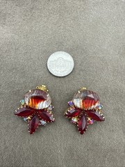 Vintage Red Rhinestone Clip On Earrings Gold Tone Iridescent