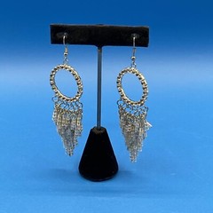 EARRINGS pierced 1970s 1980s Rhinestones beads long flapper fringe Statement