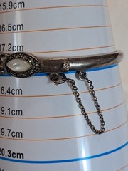 Vtg 925 Sterling Silver Marcasite Mother of Pearl MOP Oval Link Bracelet 7”