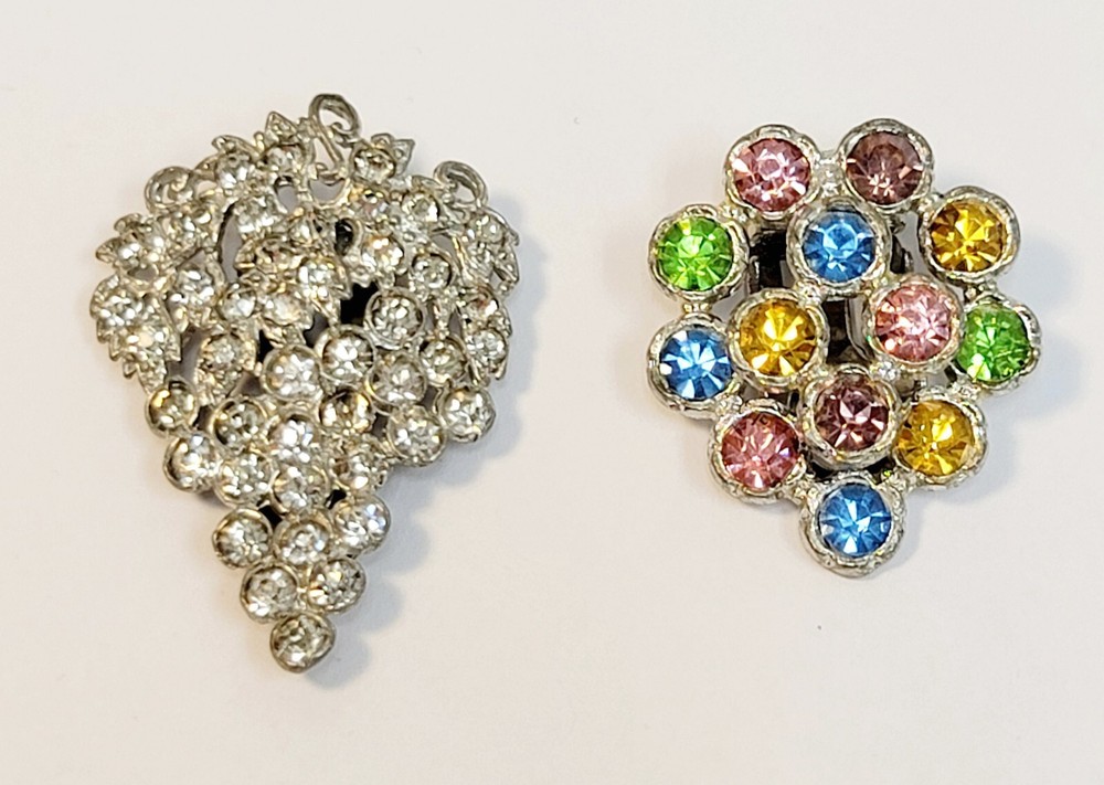 2 Vintage Pastel Clear Rhinestone Dress Clips Brooches