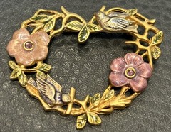 VINTAGE KC DESIGNER BROOCH RHINESTONE ENAMEL FLORAL HEART Bird VICTORIAN REVIVAL