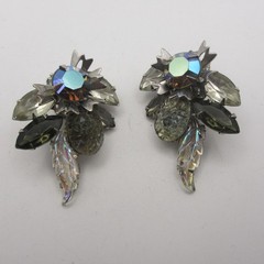Vintage Judy Lee Earrings Rhinestone Climber Molded Glass AB Silver Tone Clip On