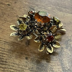 Vintage Austrian Rhinestone Brooch Autumn Orange Yellow Gold Tone Floral Pin