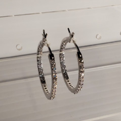 14K White Gold on Solid Sterling Silver 27mm Hoop Earrings Cubic Zirconia Stones