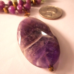 Vtg in2 Amethyst Pendant Charoite Aventurine Goldtone Beaded Necklace 31/33″