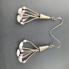Liquid Silver Mother of Pearl Lavender Pink and White Rice Bead Dangle Earrings