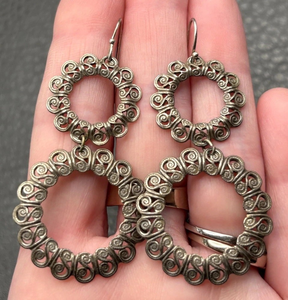 Vintage Sterling Silver 925 Filigree Circle Hoops Long Dangle Earrings 2 Inch