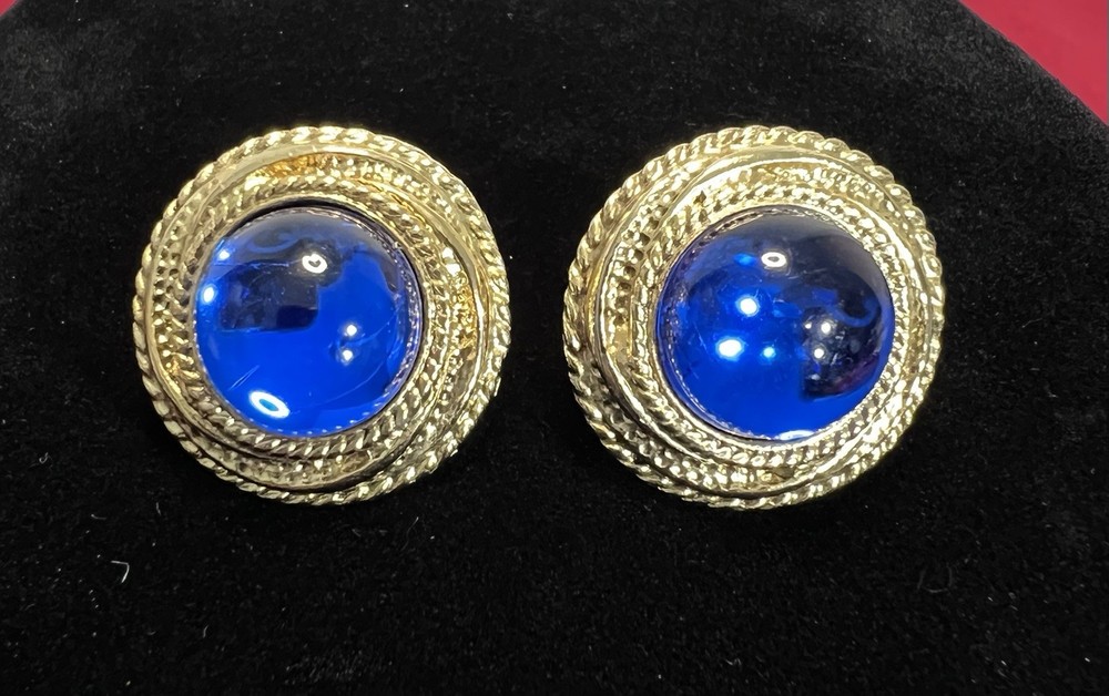 Vintage Blue Cabochon Oversized Chunky Textured Gold Tone Clip On Earrings 80s