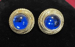 Vintage Blue Cabochon Oversized Chunky Textured Gold Tone Clip On Earrings 80s