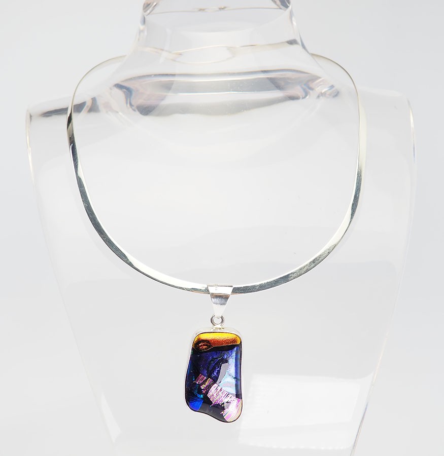 One of a kind artisanal sterling silver multicolor fused Art glass necklace