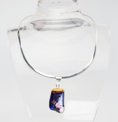 One of a kind artisanal sterling silver multicolor fused Art glass necklace