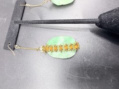 Artisan Green Orange Beaded Dangle Earrings Gold Tone Faceted Drops