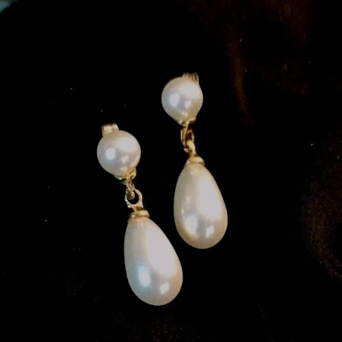 💋 Vintage Classic 14K Yellow Gold White Pearl Dropdown Dangle Earrings G1011