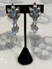 Rare Vtg 1960’s HOBE Clip On Earrings Glass AB Faux Turquoise Dangle Chandelier