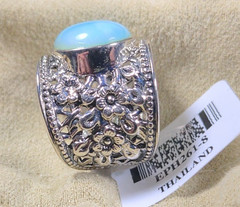 Round Cabochon Larimar Sterling Silver Wide Floral Band Ring & Original Package