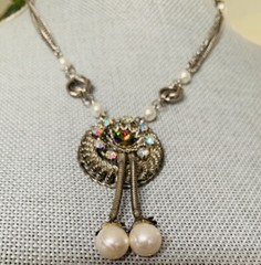 VINTAGE silver tone CRYSTAL AB rhinestone DROP NECKLACE chain SPARKLY Faux pearl