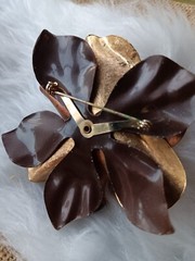 Vintage Large Black, Gold & Copper and Metal Flower Brooch
