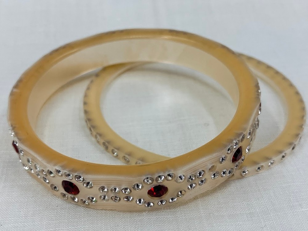 Vintage Celluloid Rhinestone Bracelet Art Deco Cream Red Bangles Stackable Set