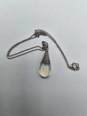 Vintage Sterling Silver Filigree Opalite Glass Teardrop Pendant Necklace 16″