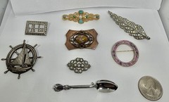 Antique to Vintage Lot of 8 Brooches ~ All Wearable Pot Metal, Enamel & More