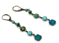 SW SILVER FAUX TURQUOISE BLUE GREEN STONES 2.75″ FRENCH WIRE DANGLE EARRINGS NEW