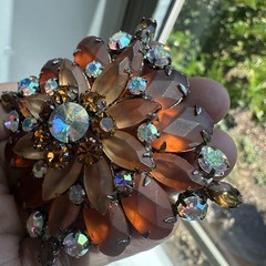 Vintage Flower Brooch 2 Inch Satin Amber Acrylic Layered Tiered Aurora Borealis