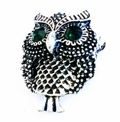 RHINESTONE OWL BROOCH!Wise Figural Animal Bird Motif Pin.Green Rhinestone Eyes.