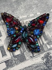 Weiss Butterfly Brooch Multicolor Rhinestone Figural Pin Signed 2.5” VINTAGE